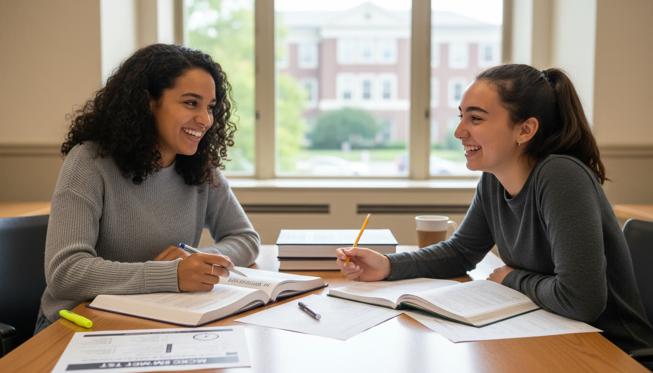 Photo Idea : A tutor and student working at a table, smiling, with example practice questions and a mock-timed test visible — conveying personalized guidance and productive focus.