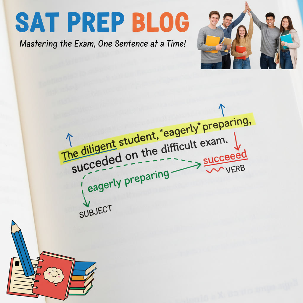 Close-up of a highlighted sentence with underlined subject, verb, and modifier; arrows show relationships between sentence parts.