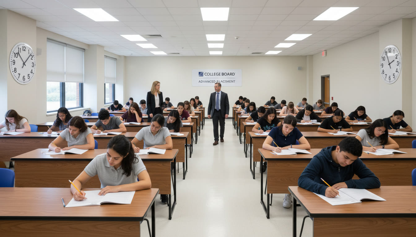 Photo Idea : A bright, candid photo of a calm testing room with students seated at desks, clocks on the wall, and proctors walking the aisle — conveys structure and focus for parents.