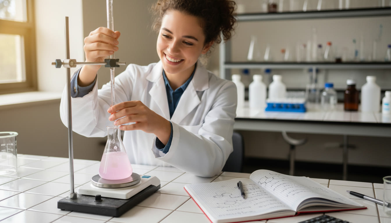 Photo Idea : Top-of-article visual showing a student at a lab bench performing a titrationโburette, color change in the flask, and a neat notebook with calculations. Natural light, warm tone.