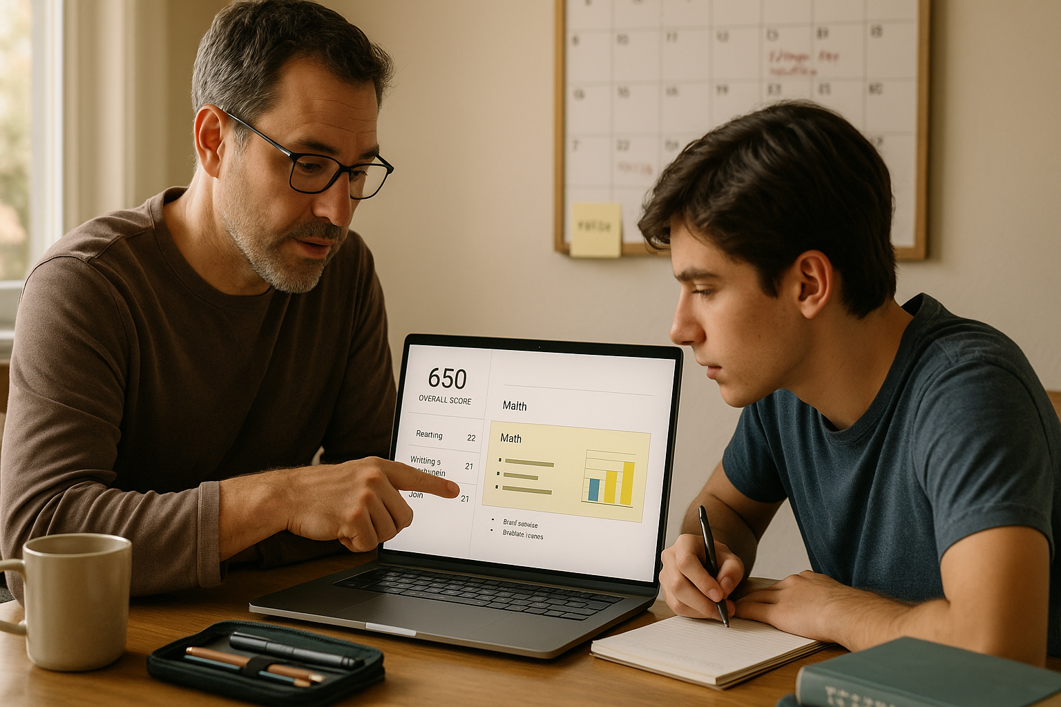 Photo Idea : A parent and student reviewing a test score breakdown together on a laptop, pointing to a highlighted math content area, with a calendar showing college application deadlines in the background.