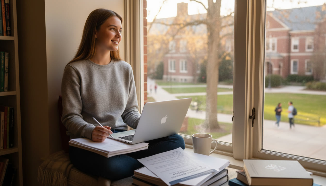 Photo Idea : A student sitting by a window with a laptop, notebooks, and a printed research paper, looking thoughtfully out the window — the picture should capture the pause-before-action quality of reflection and feel warm and natural.