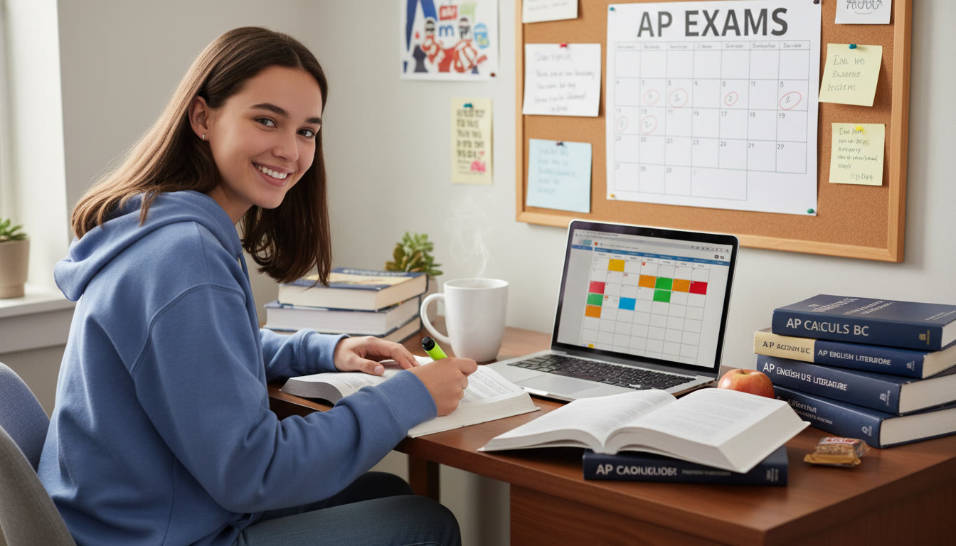 Photo Idea : A student at a desk surrounded by AP prep books and a laptop, with a study calendar and a mug—conveys focused, organized preparation and the human side of studying.