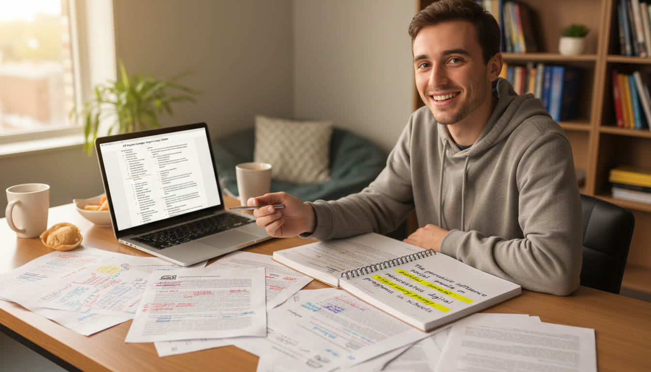 Photo Idea : A student at a desk surrounded by annotated articles, a laptop showing an outline, and a notebook with a thesis highlighted—captures active, focused preparation for an AP argument essay.