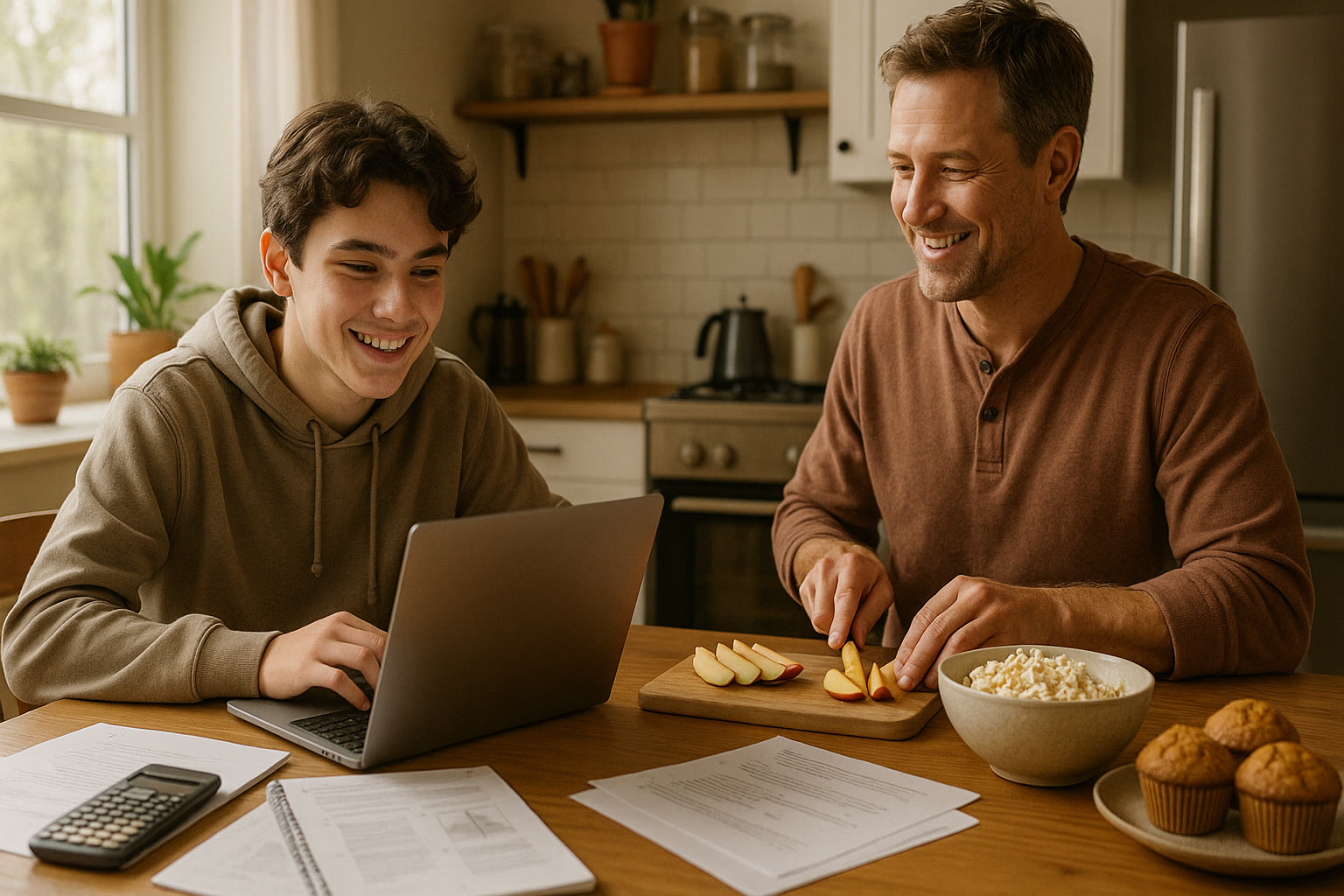 Photo Idea : A lively kitchen table scene — a teen practicing SAT questions on a laptop while a parent prepares snacks nearby, both smiling and relaxed.
