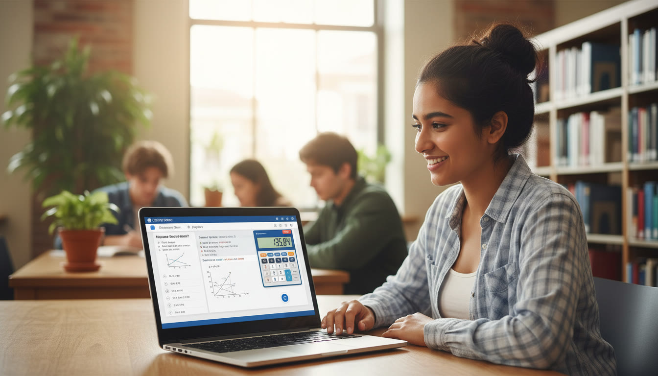 Photo Idea : A screenshot‑style mockup (non‑interactive) of a student using Bluebook's built‑in calculator on a laptop, demonstrating the on‑screen tools and how it integrates with the exam interface.