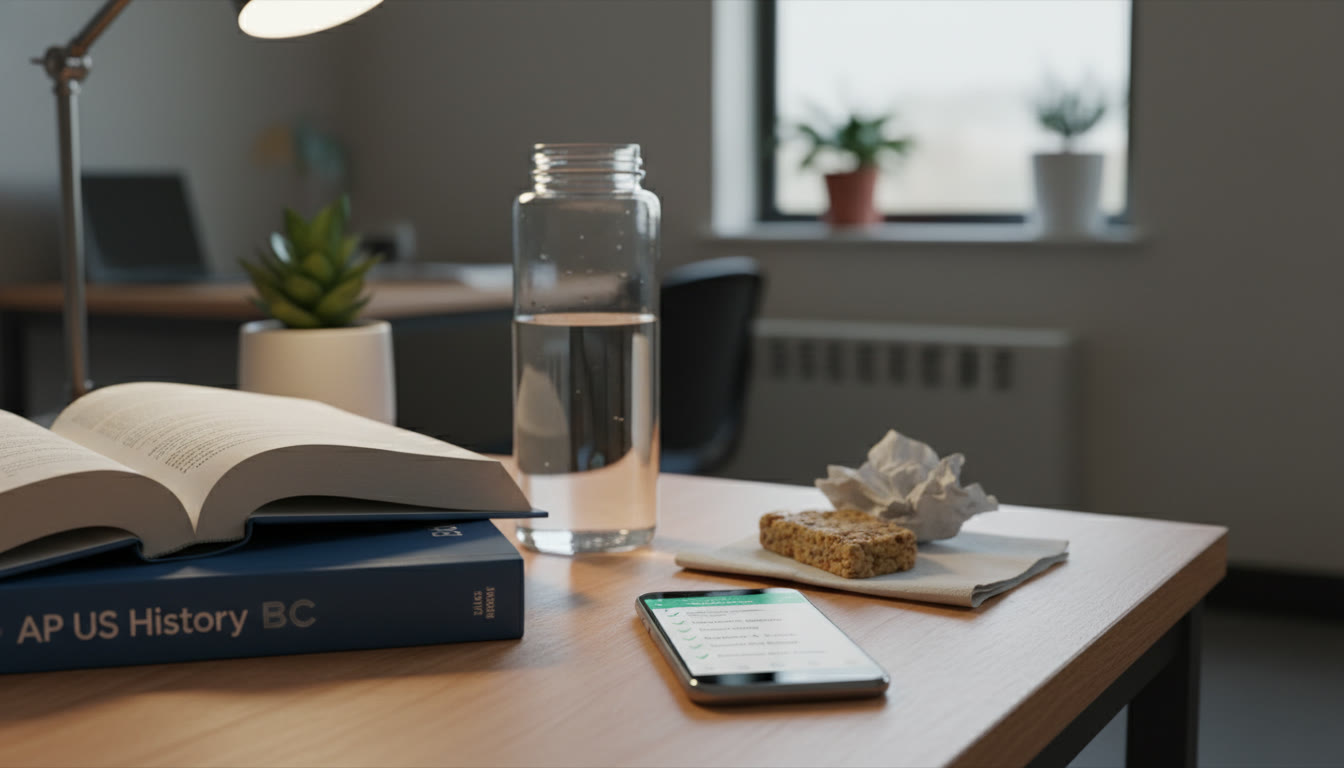 Photo Idea : A calm post-exam scene: a pair of textbooks, a filled water bottle, a simple snack on a napkin, and a phone showing a 'debrief' checklist, suggesting the quiet ritual of reflection and recovery after a long testing day. Place this near the section on recovery protocols to visually reinforce the practice.