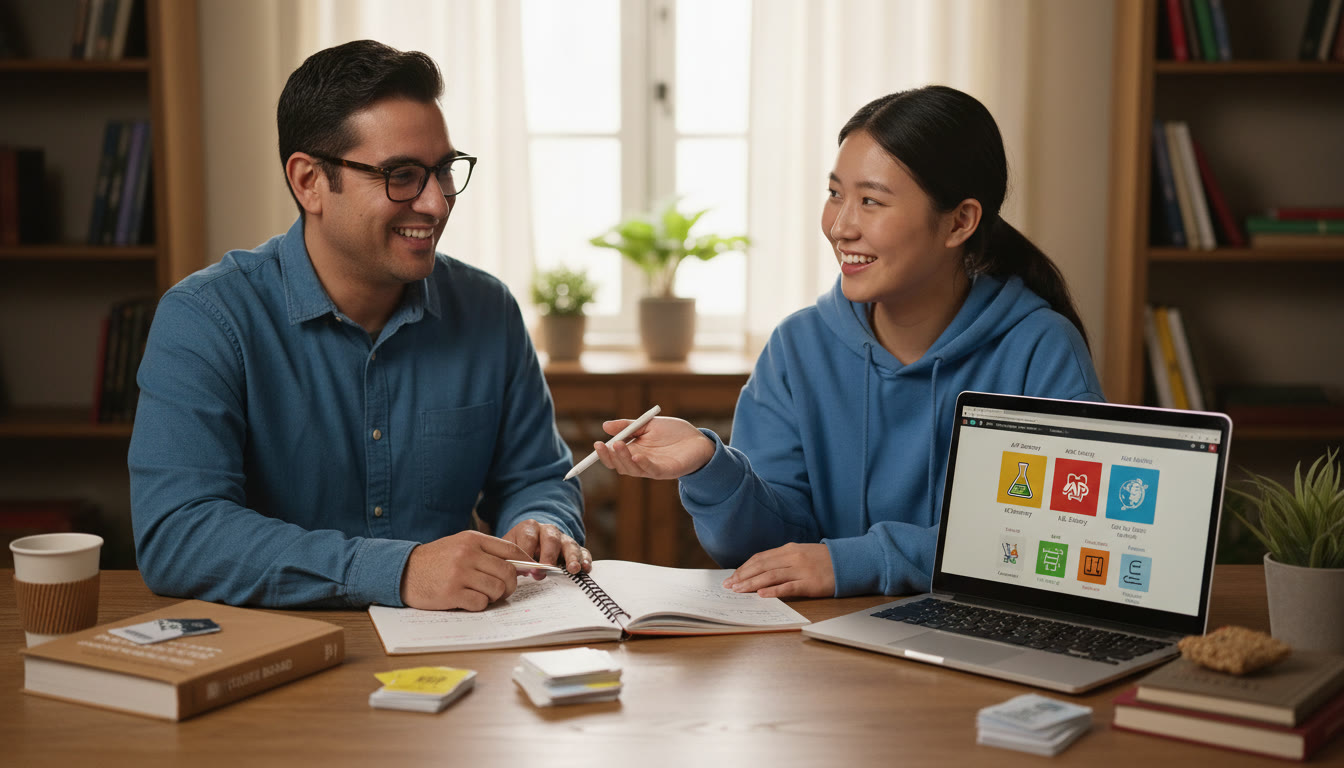 Photo Idea : A student meeting with a tutor over a table of notes and a laptop displaying AP subject material, conveying active planning and supportive guidance for AP decisions.