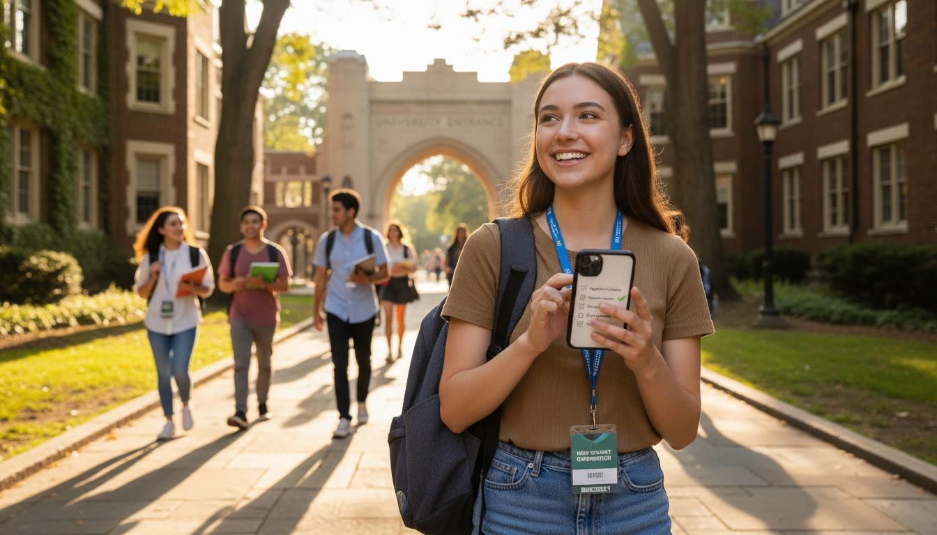 Photo Idea : A campus scene with an incoming college student checking an orientation checklist on their phone while walking between buildings—visualizes transition, readiness, and the next step after AP credit evaluation.