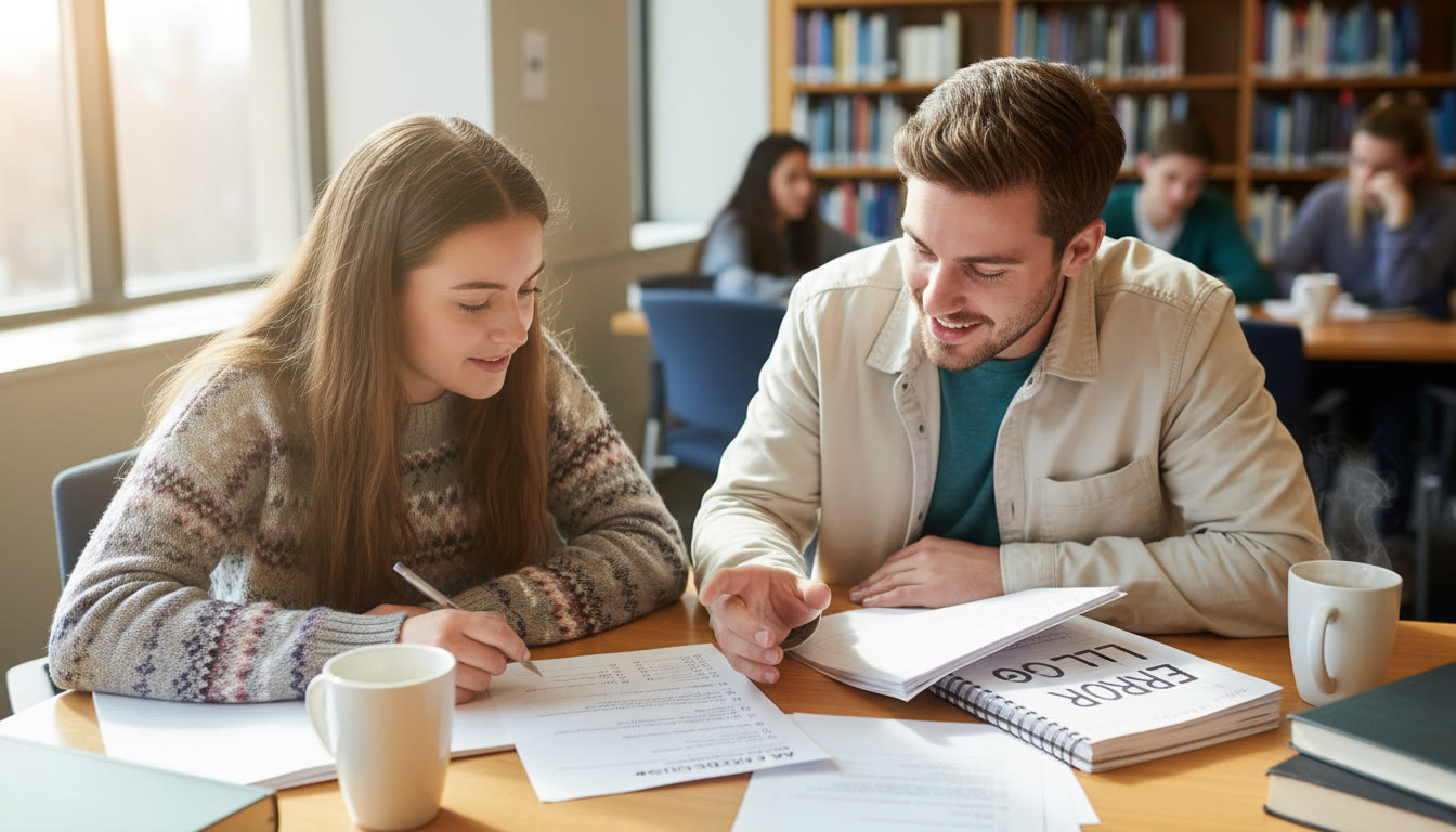 Photo Idea : A tutor and student working over a practice test with a notebook labeled 