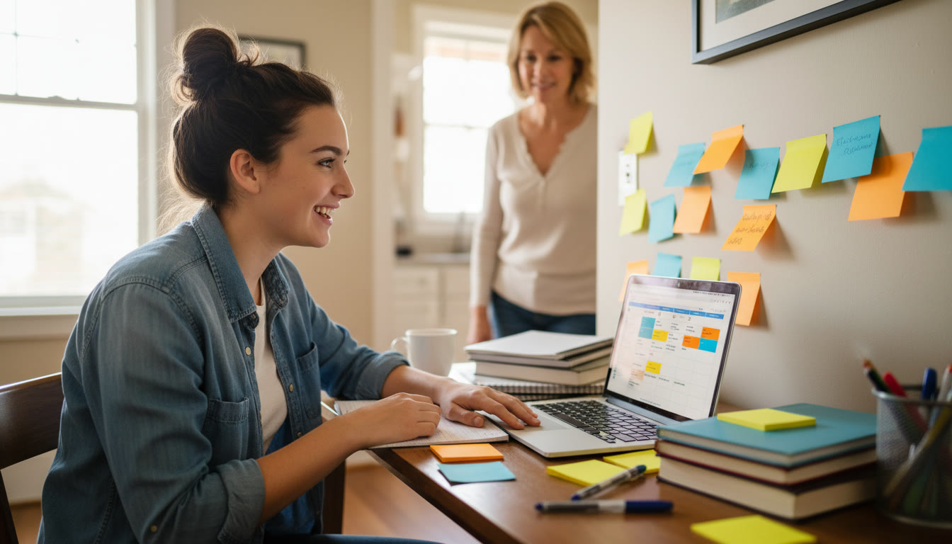 Photo Idea : A warm, candid image of a high school student at a desk with colorful sticky notes, a laptop open to a study calendar, and a parent in the background offering a supportive smile.