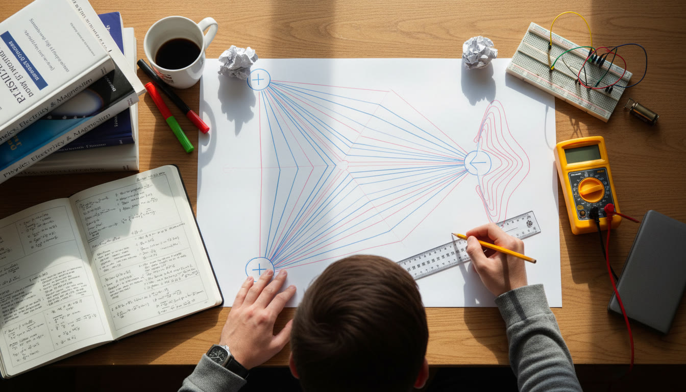 Photo Idea : Overhead shot of a student sketching electric field lines and equipotential contours on paper, with a multimeter and notes nearby — emphasizes the link between visualization, math, and measurement.
