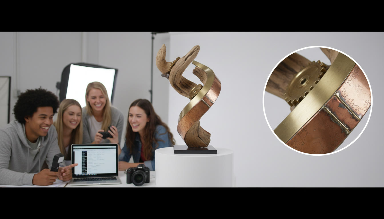 Photo Idea : A clean studio shot of a finished sculpture on a pedestal, with a secondary inset-style detail view showing texture and joinery. This pairs nicely with an explanation of photographic choices.