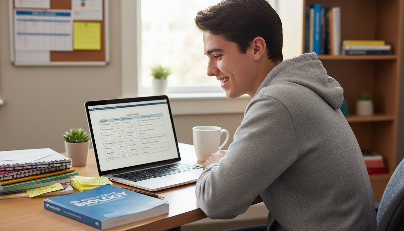 Photo Idea : A focused student at a desk, surrounded by neatly organized notes and a laptop displaying a concise table—visualizes the balance between data and brevity.