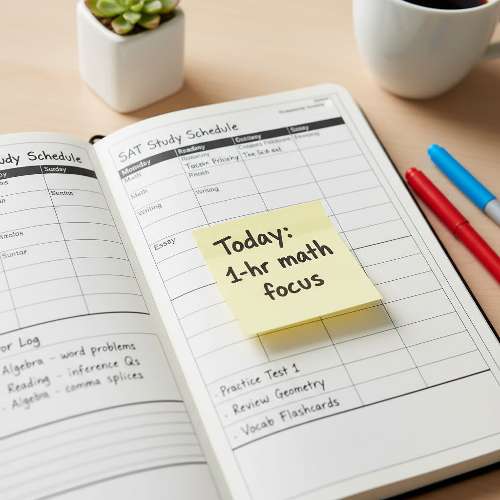 Close-up of a planner page with a study schedule, an error log, and a sticky note that reads 'Today: 1-hr math focus'