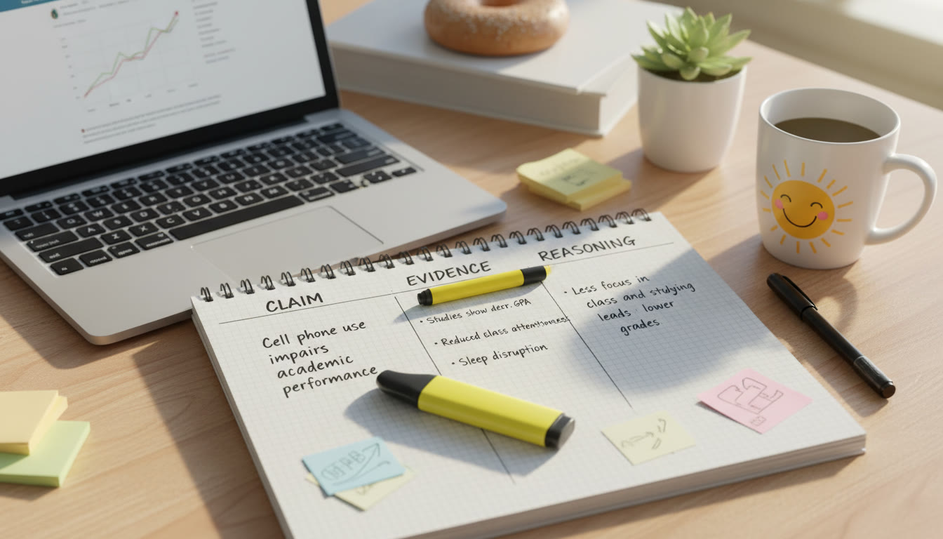 Photo Idea : A top-down shot of a student’s open notebook with three labeled sections — Claim, Evidence, Reasoning — and a highlighter, pen, and laptop nearby. Bright, energetic study vibe.