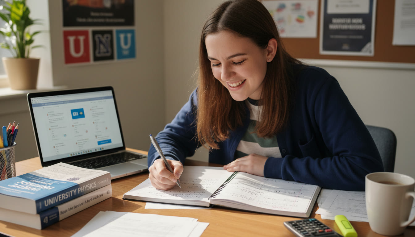 Photo Idea : A focused shot of a high school student working on AP Calculus problems at a desk with a laptop and a physics textbook—captures concentration and the bridge between high school and university-level study.