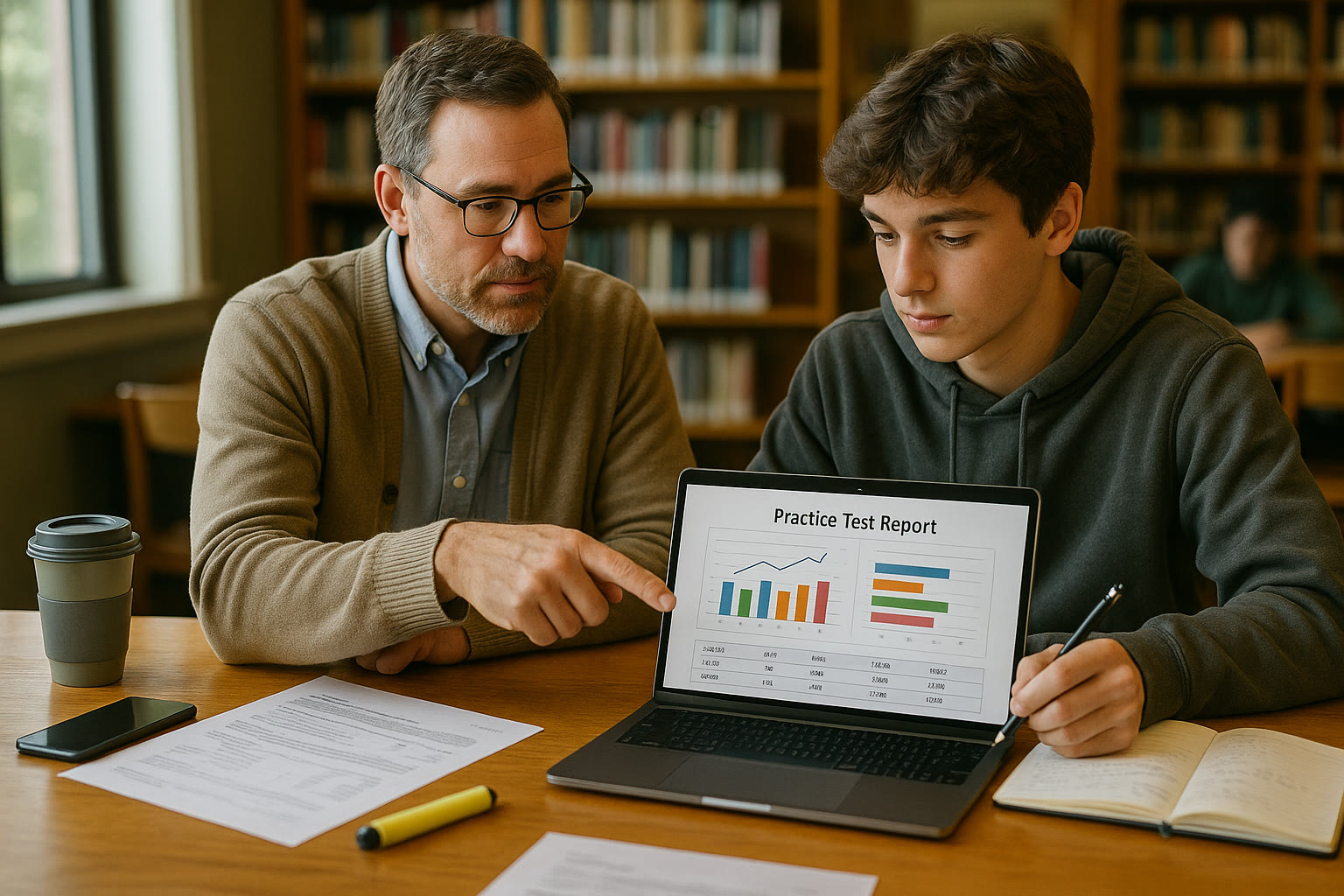 Photo Idea : A parent volunteer and a high-school student sitting side-by-side at a library table, reviewing a practice test report on a laptop while taking notes in a notebook.