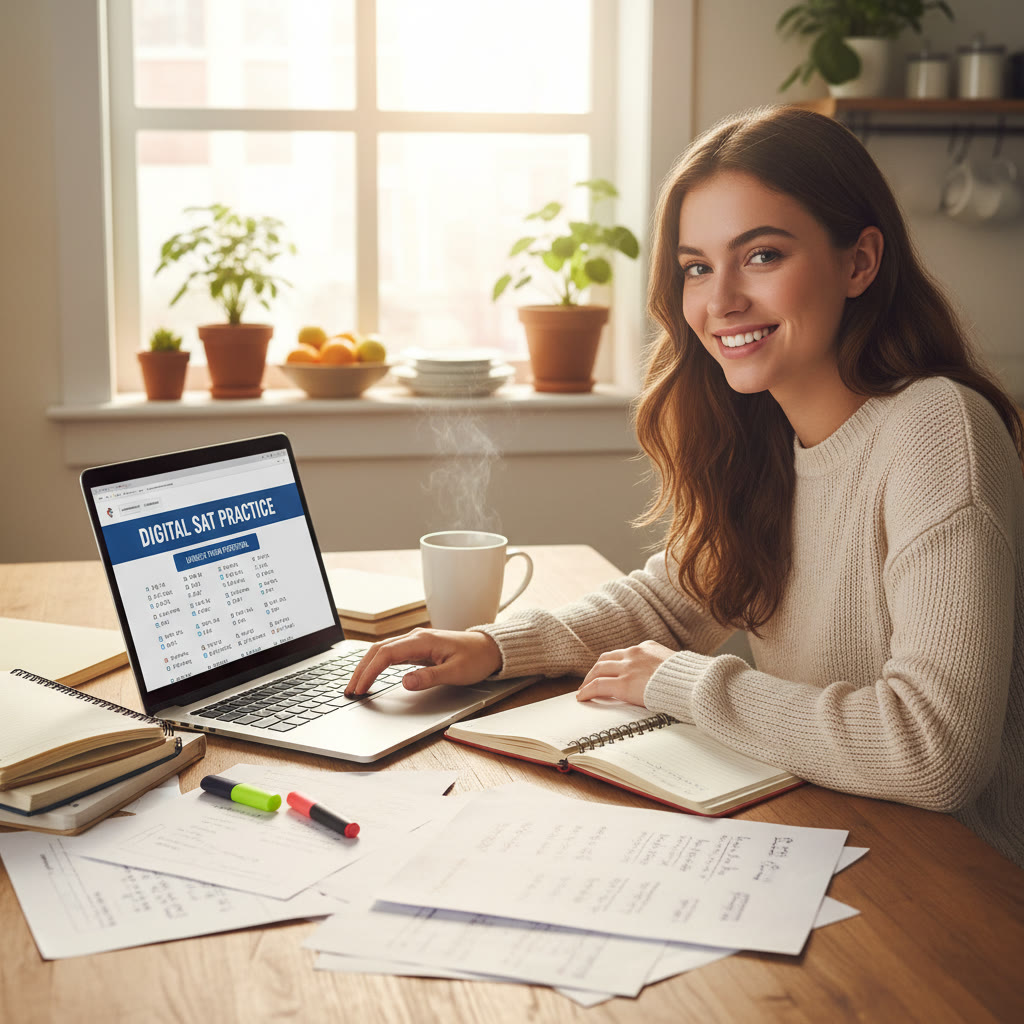 Photo Idea : A student sitting at a sunny kitchen table, laptop open with digital SAT practice on screen, notes and a coffee cup nearby — candid, focused atmosphere.