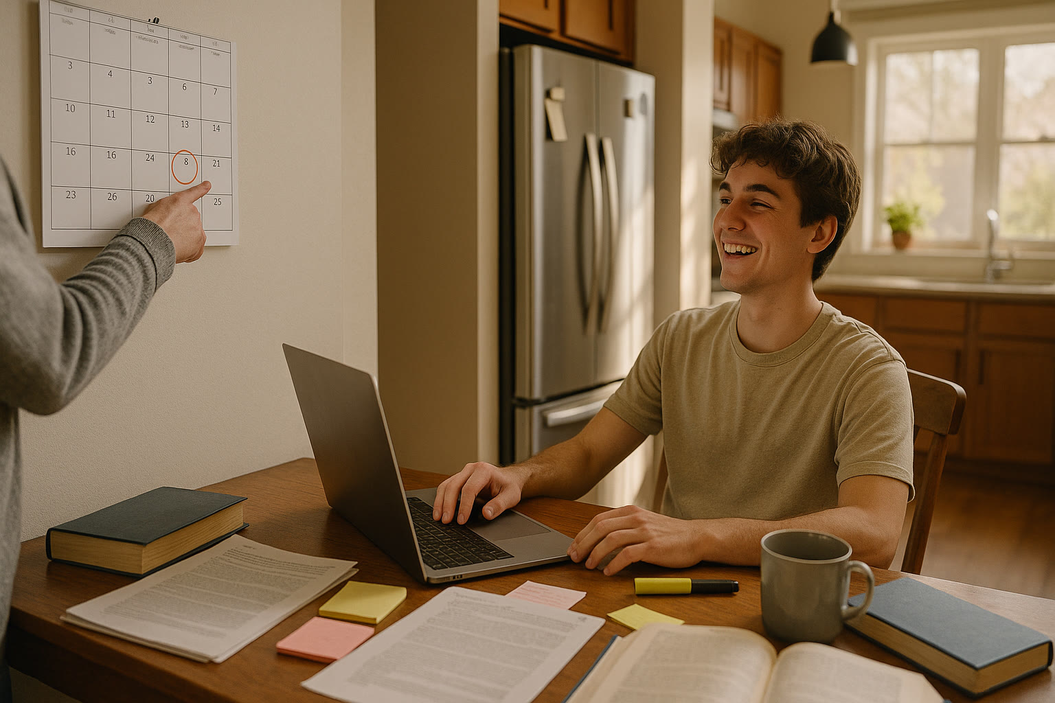 Photo Idea : A relaxed student at a kitchen table with a laptop, calendar, and study notes laid out; parent nearby pointing at a college deadline on the calendar.