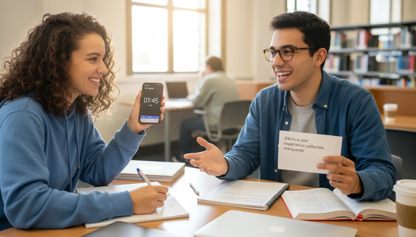 Photo Idea : A close-up shot of two students practising an AP French speaking prompt with one timing and the other speaking, both smiling and making notes — shows confidence and peer feedback in action.