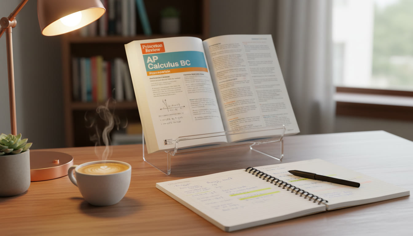 Photo Idea : A tidy study desk with an open AP prep book, a notebook with highlighted notes, and a small coffee cup — warm, inviting, and focused.