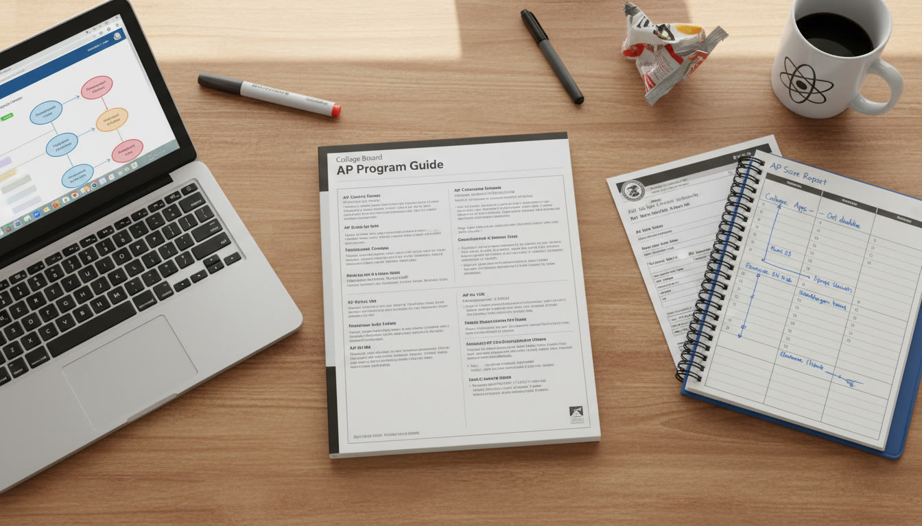 Photo Idea : A top-down photo of a student’s desk in mid-planning: a printed program handbook open next to a planner with a timeline sketched out, an AP score report, and a laptop showing a course map — conveys practical planning and decisions in action.