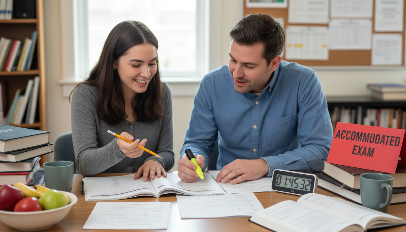 Photo Idea : A student and a tutor reviewing an AP practice test together, with a timer and notes visible—illustrating tailored, calm preparation for an accommodated exam.