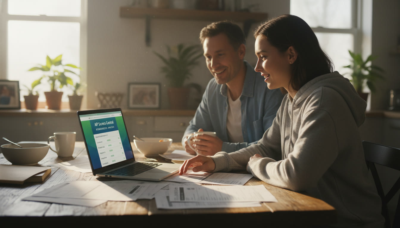 Photo Idea : A focused student sitting at a kitchen table with scholarship forms, a laptop showing an AP scores site, and a parent looking on — warm morning light, purposeful atmosphere.