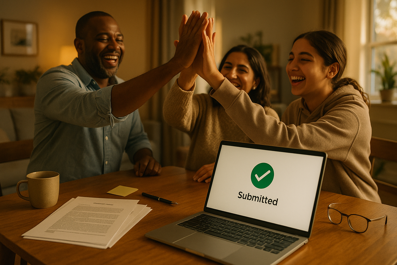 Photo Idea : A cozy, celebratory moment — family high-five after submitting an application, with printed essays and a laptop showing 