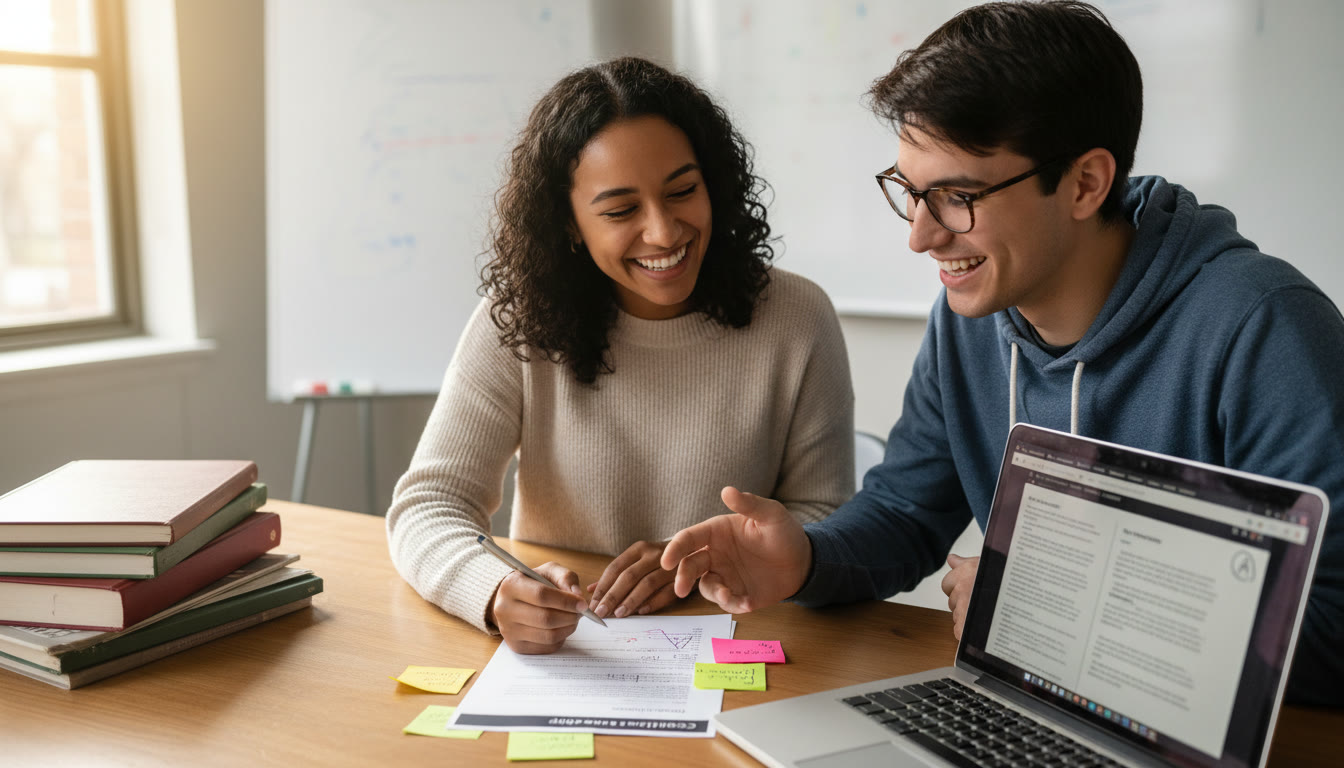 Photo Idea : A tutor and student at a desk reviewing a graded DBQ with notes and a laptop — illustrating personalized guidance and feedback sessions.