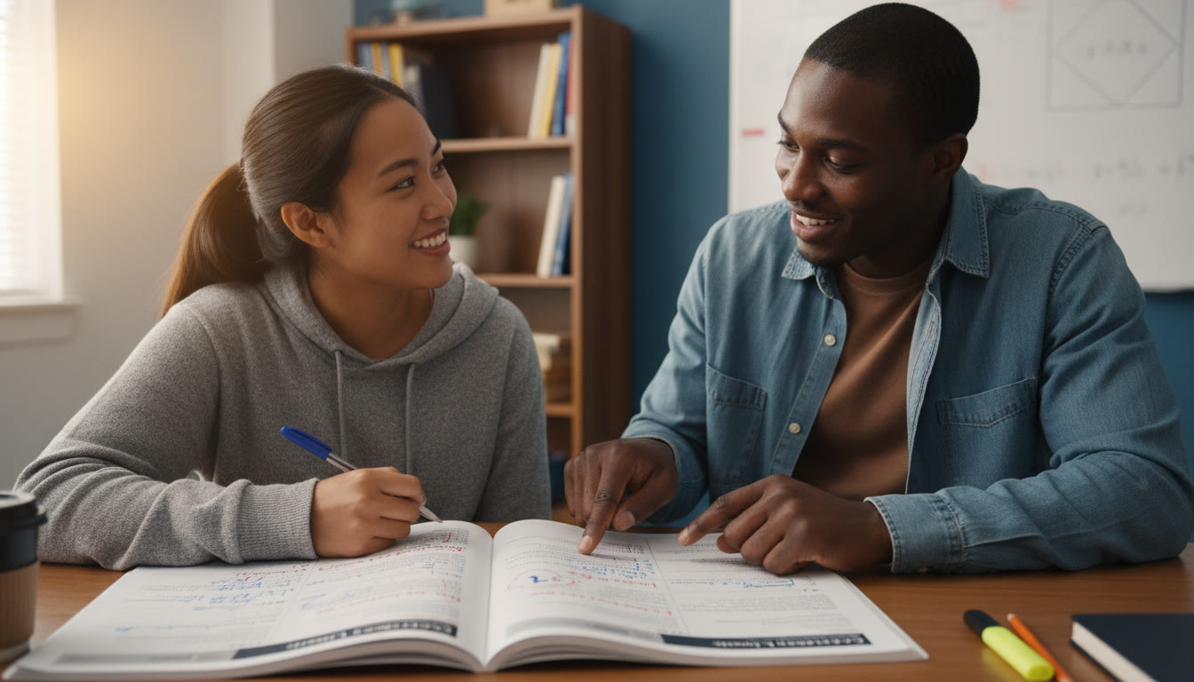 Photo Idea : A student in mid-study, annotated practice booklet in front, with a tutor (or coach) pointing to a short answer response—illustrates personalized feedback and the tutor-student dynamic.