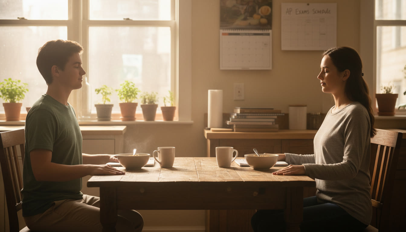 Photo Idea : A calm kitchen scene with a parent and teen practicing a seated breathing exercise together, morning light, relaxed expressions.