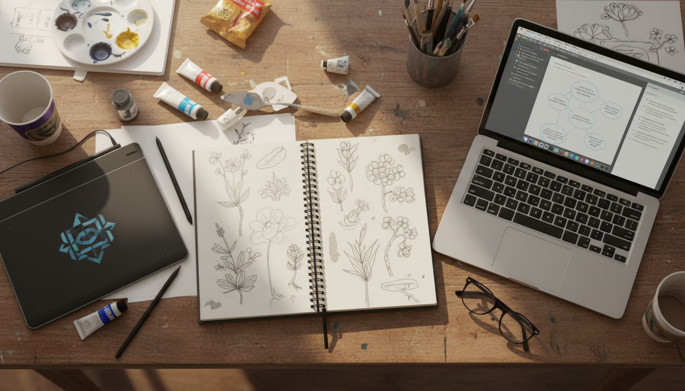 Photo Idea : A top-down photo of a student's studio table: sketchbook, paint tubes, digital tablet, and a laptop with notes — conveys the intersection of hands-on craft and conceptual planning. Place near the beginning to set the tone.