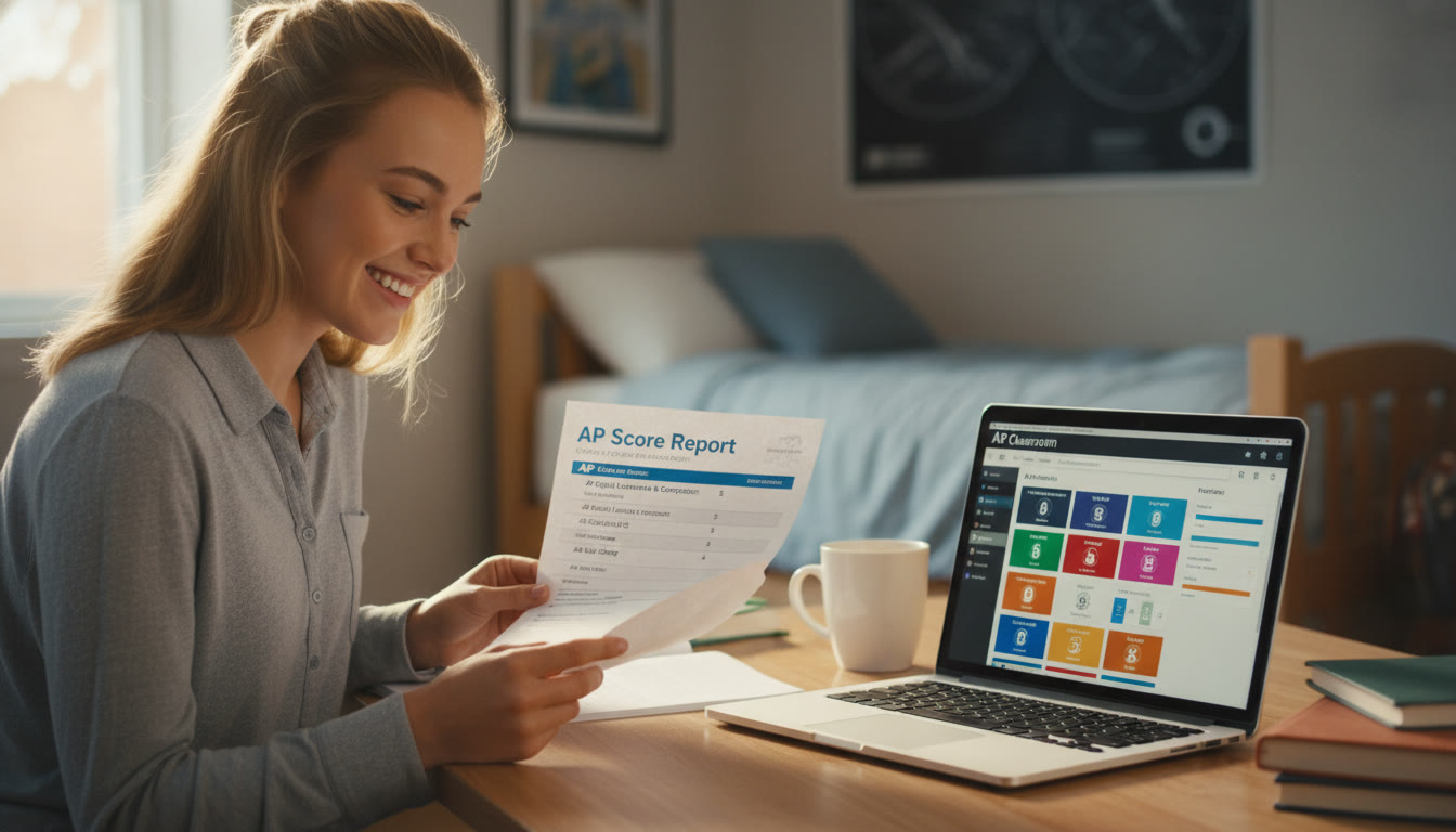 Photo Idea : A student sitting at a desk, smiling while reviewing a printed AP Score Report with a laptop open showing an AP Classroom dashboard—natural, warm lighting.