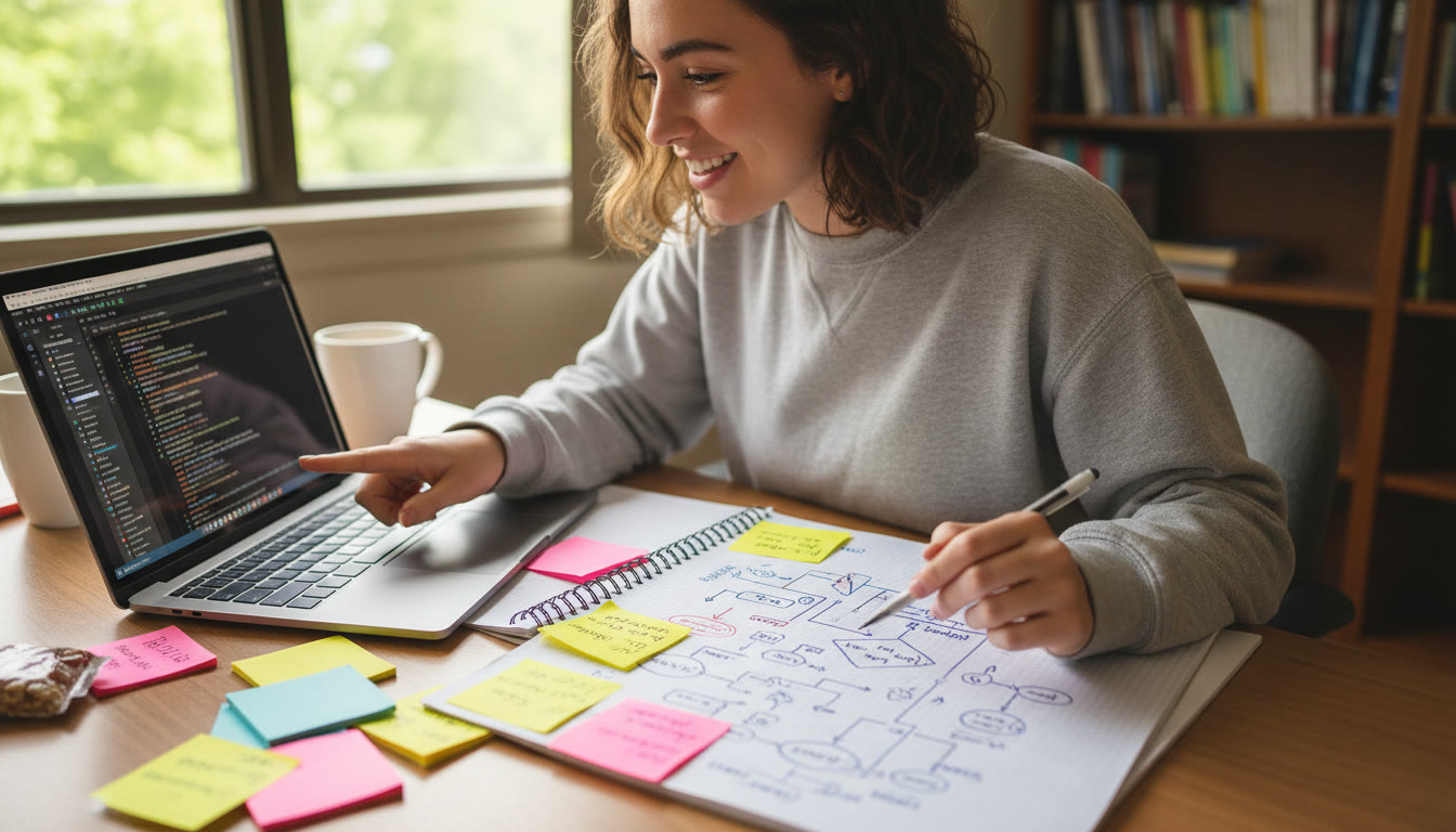 Photo Idea : Student at a desk with a laptop and notebook, algorithm flowchart on paper, and colored sticky notes — conveys thinking, tracing, and debugging in action.