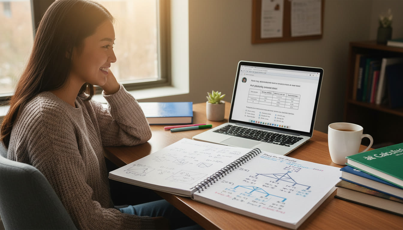 Photo Idea : A warm study scene showing a student at a desk with notebooks open to vector diagrams and probability trees, while a laptop displays AP-style practice questions — natural light, relaxed focus.