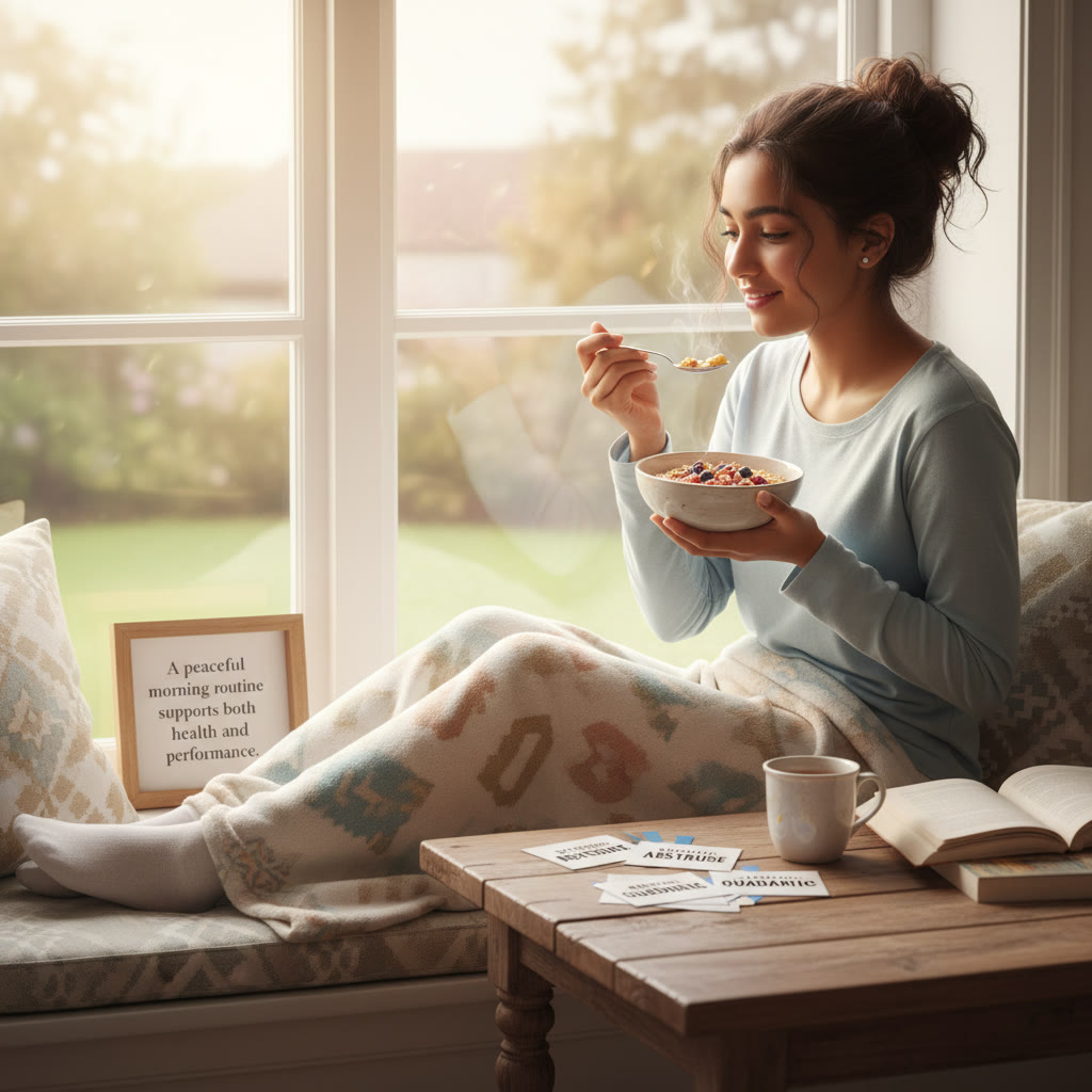 Photo idea: A calm morning scene with a student sitting by a window, eating a bowl of oatmeal and looking over a small stack of neatly organized SAT review cards. Caption: 