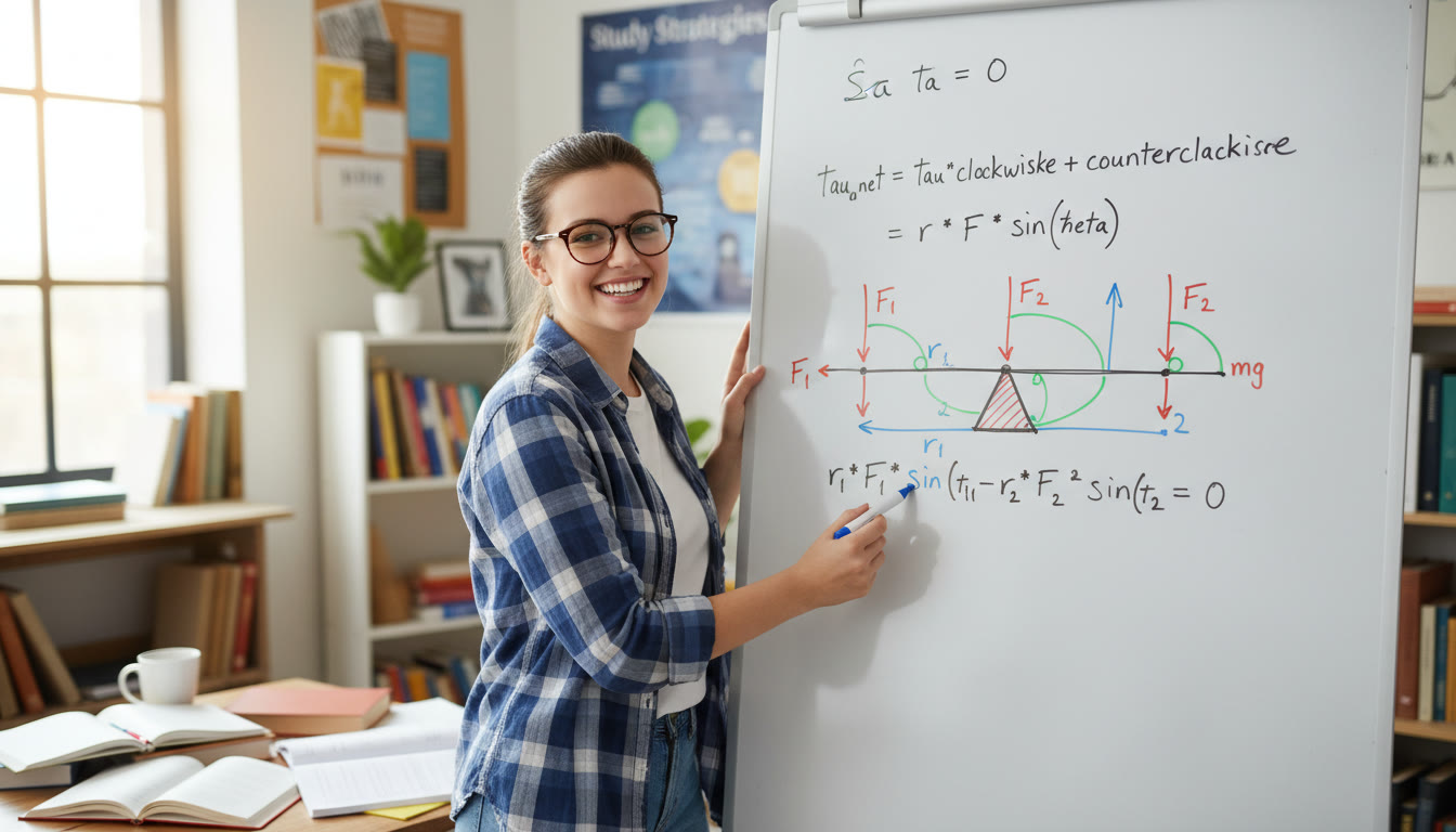 Photo Idea : A student solving a rotational equilibrium problem at a whiteboard. Show a free-body diagram with pivot, force vectors, r lines, and labeled angles. This image should be near study strategy sections to visually reinforce how to set up torque equations.