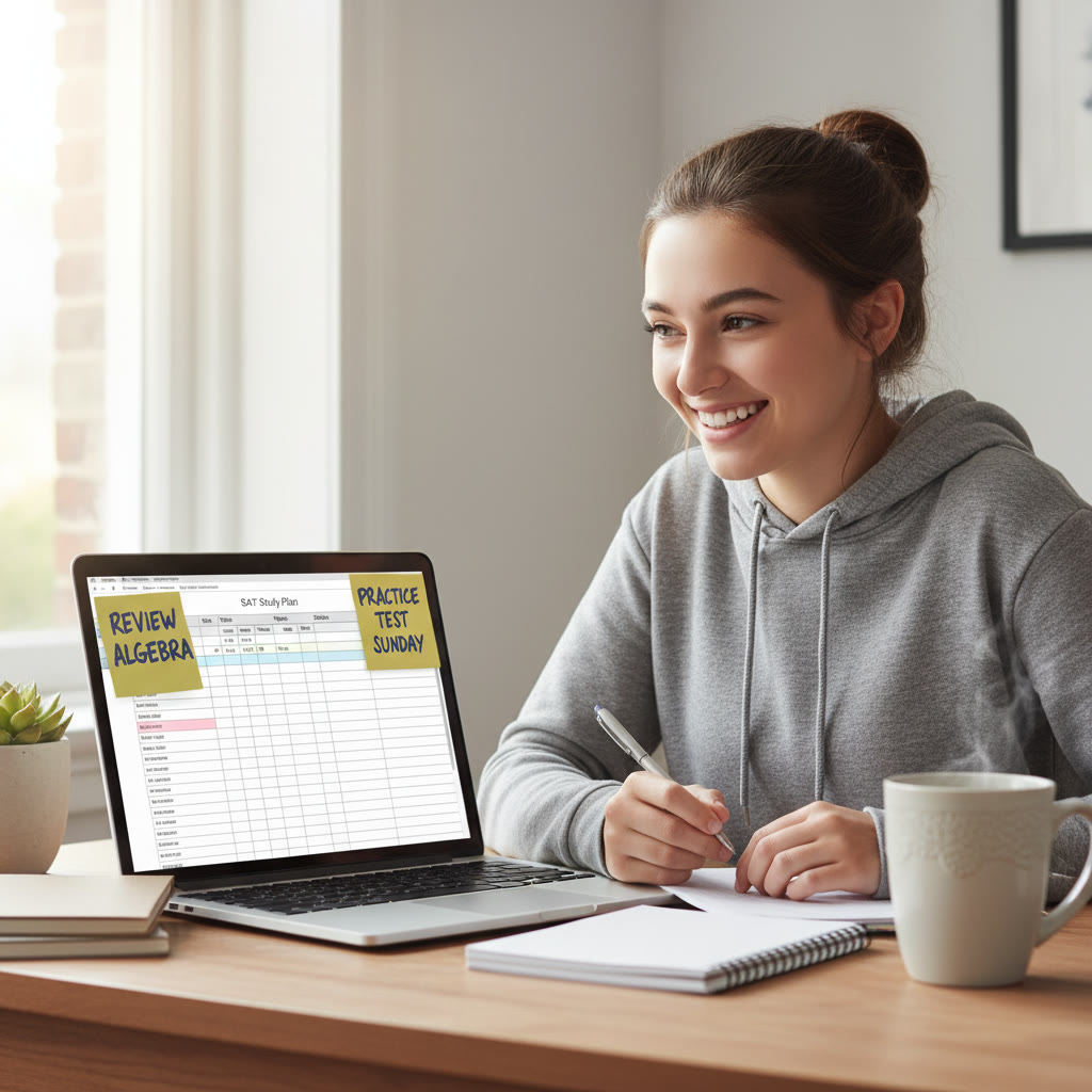 Illustration idea: A student at a desk with a laptop open to Google Sheets; sticky notes say 