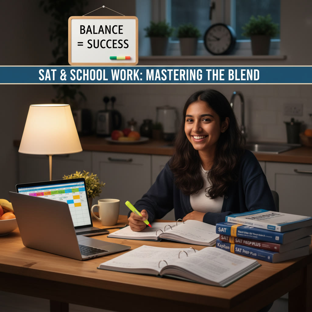 Student at a kitchen table with textbooks and a laptop, night lamp on, showing a calm study setup for balancing SAT and school work.