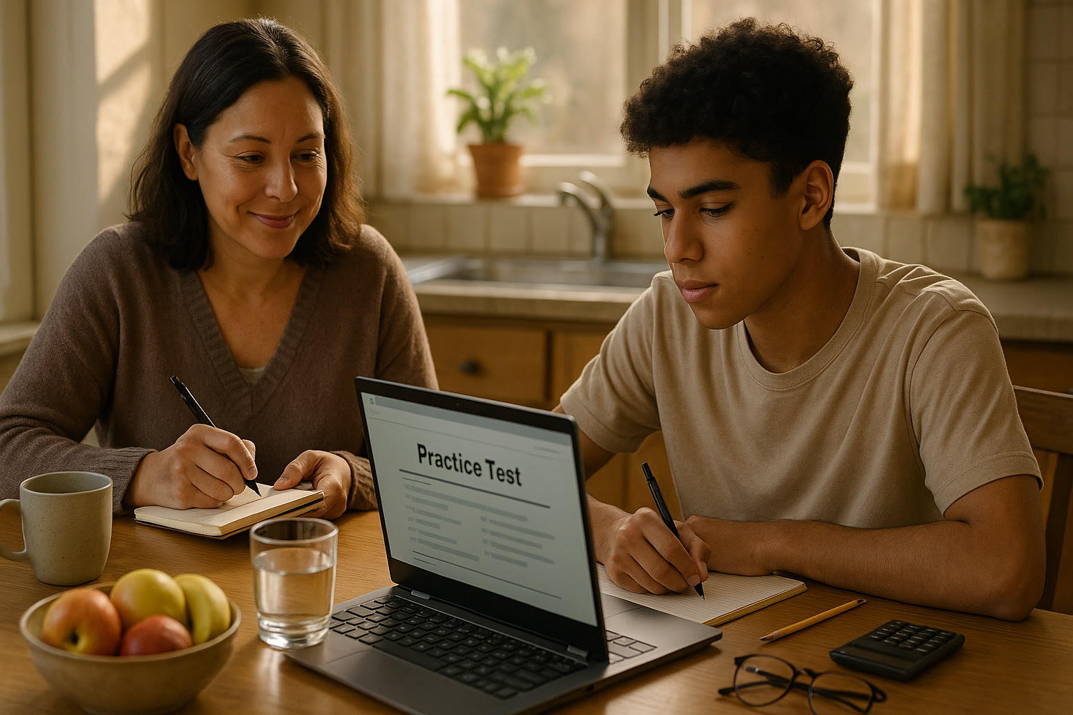Photo Idea : A relaxed family at a kitchen table, laptop open with a student practicing an online SAT test while a parent looks on with a notebook—warm natural light, calm atmosphere.