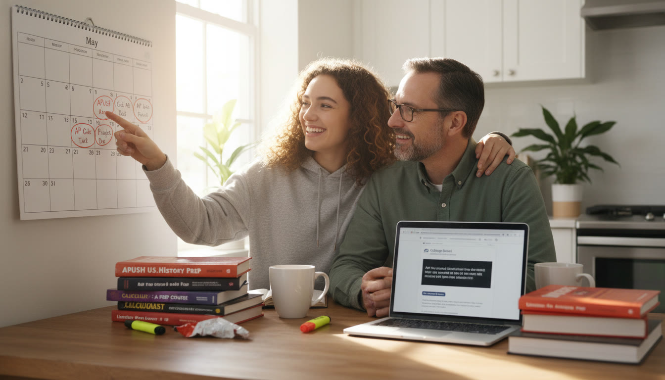 Photo Idea : A friendly photo of a student and parent at a kitchen table strewn with AP prep books and a laptop, looking at a calendar together — shows collaboration and planning.