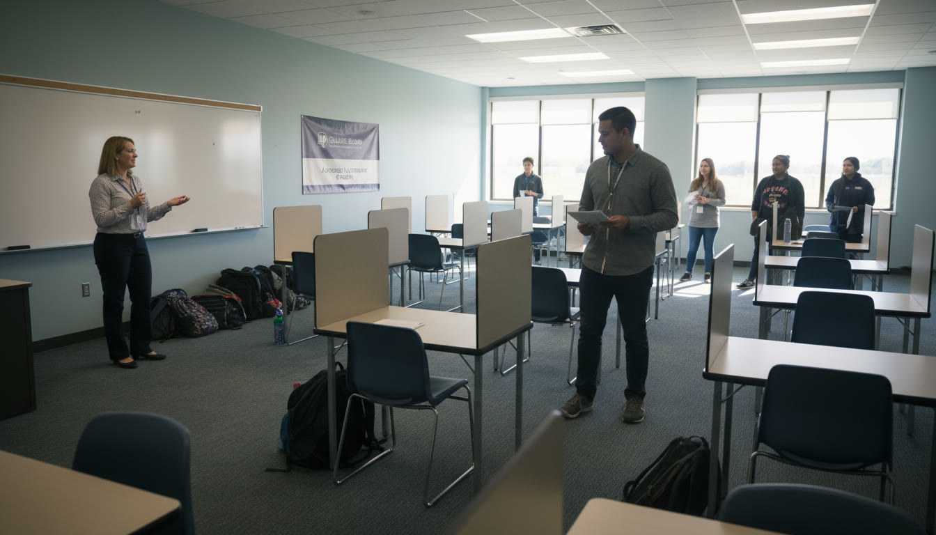 Photo Idea : Students entering a quiet testing room, backpacks set aside, proctor at the front — conveys calm focus and a supported testing environment.
