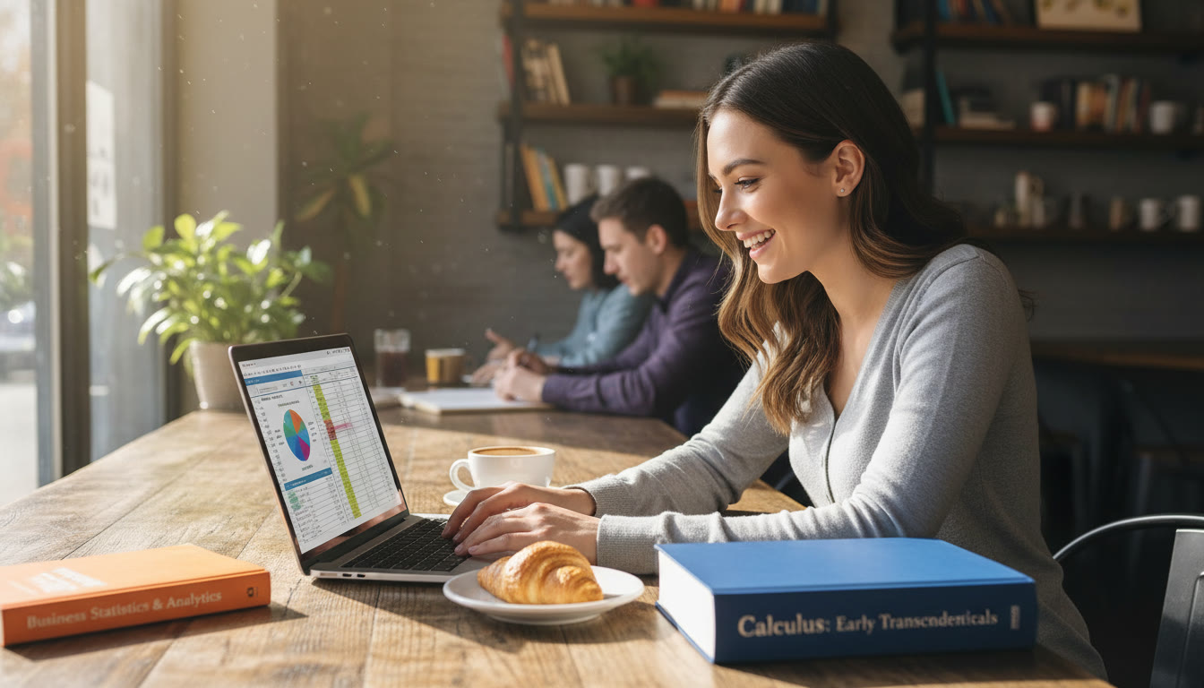 Photo Idea : Student at a coffee shop with a laptop, spreadsheet open on one side, a calculus textbook on the other—visualizing the crossroads between stats and calculus for business analytics.