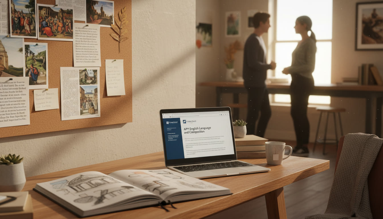 Photo Idea : A cozy weekend workspace with a sketchbook, laptop, and mood board pinned on a wall — natural light, a parent and teen visible only as silhouettes in background talking over the table.