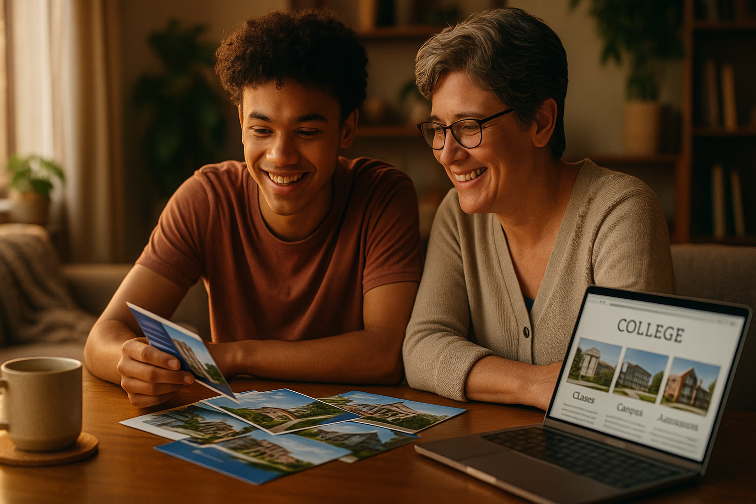 Photo Idea : A warm, aspirational photo of a student and parent looking at college brochures and a laptop, with a cup of coffee nearby—natural light, relaxed setting conveying planning and partnership.