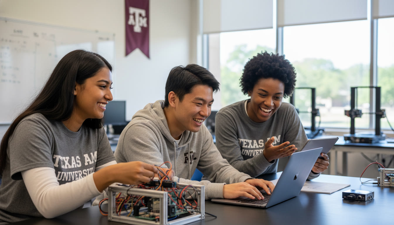 Photo Idea : An action photo of a small team of students (diverse, collaborative) building a prototype or working on a laptop together—captures the future you can create after strong AP preparation and a smooth transition to Texas A&M Engineering.