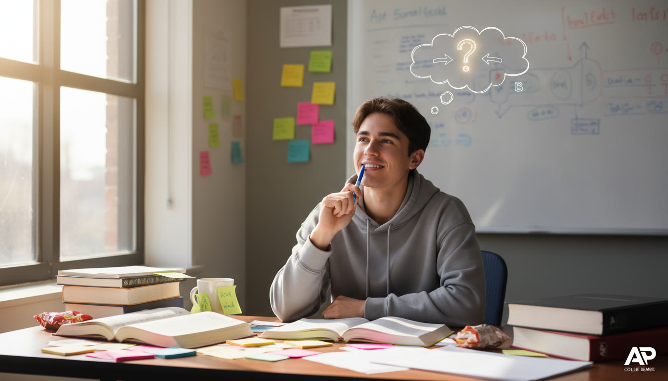 Photo Idea : A student at a desk surrounded by notes, pausing thoughtfully with a pen near their mouth — visualizing the moment of considering another viewpoint.