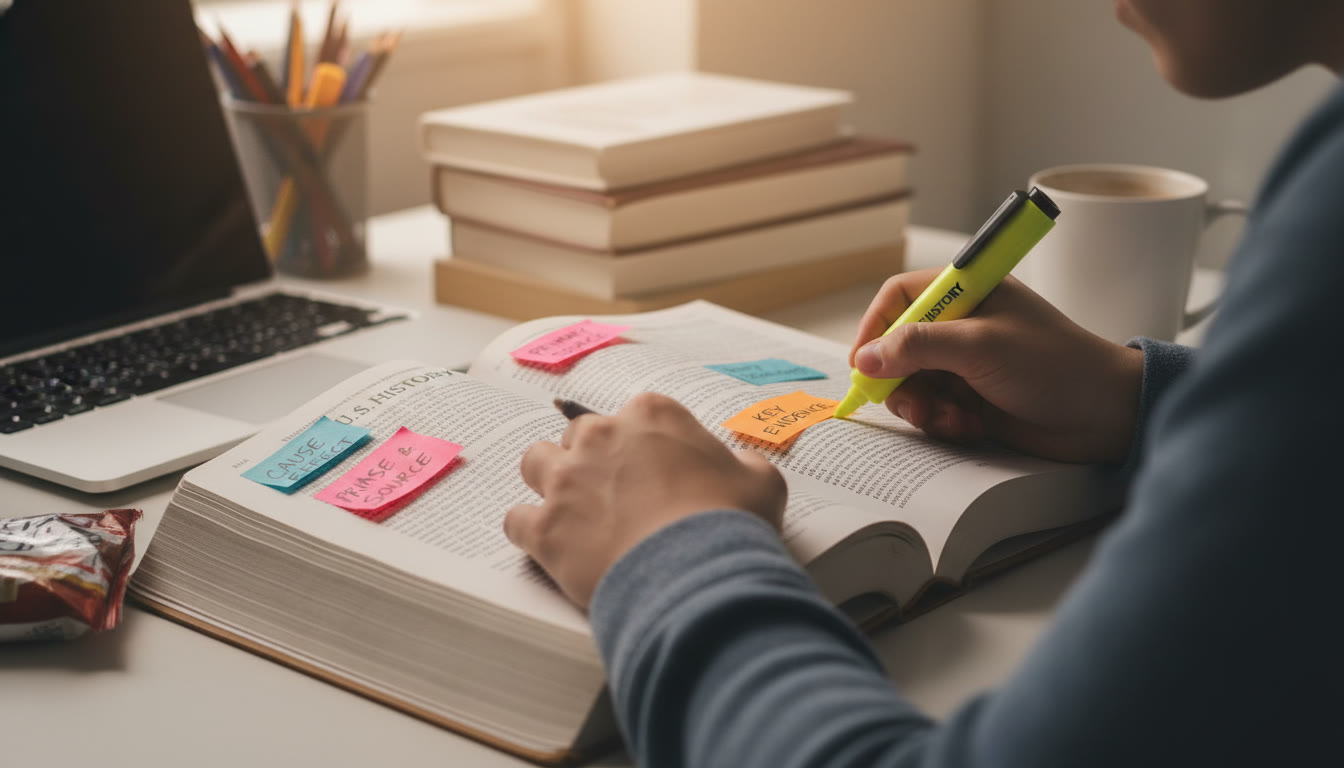 Photo Idea : A close-up of a student annotating a textbook, with sticky notes and a highlighter. The image should feel intimate and focused — a quiet moment of study that visually represents the evidence-building process.